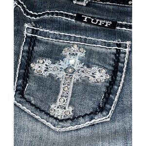 Cowgirl Tuff Women's Jeans Bootcut 26x37 L Rhinestone Cross Pocket Thick Stitch